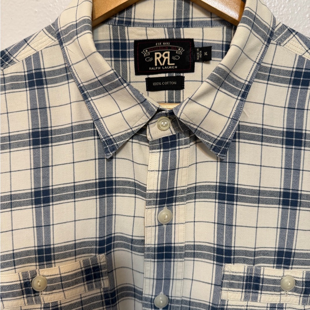RRL Ralph Lauren Blue and Cream Plaid Cotton Button-Down Shirt DOBLE R L